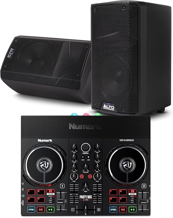 Numark Party Mix Live DJ Controller and ALTO TX408 Powered PA Speakers Pair for Live Music, DJ sets, Events, Music production