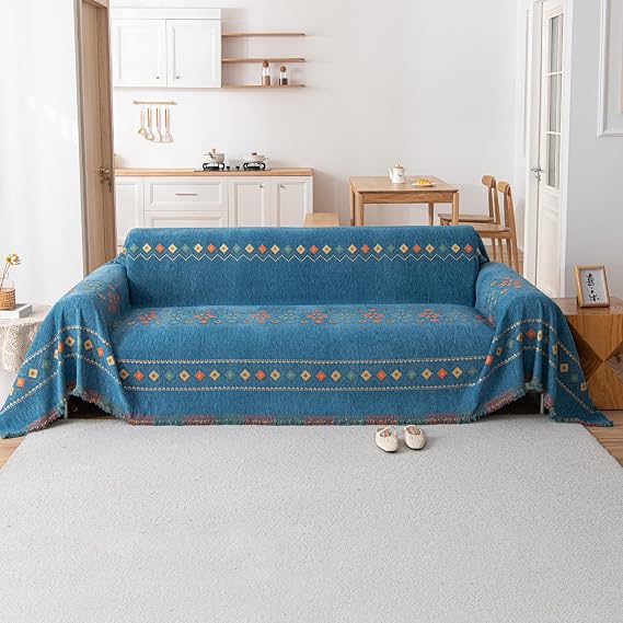 Boho Throw Chenille Blanket Soft Throws for Sofas Washable Blanket for Bed Settees Armchairs, Livingroom 180 * 260cm-Blue