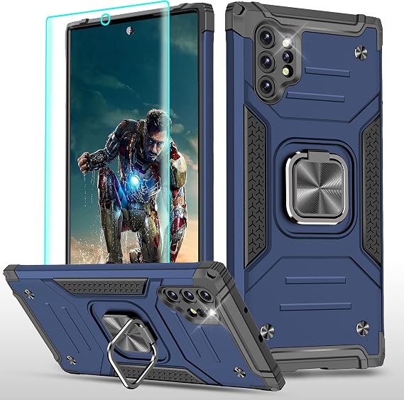 YmhxcY Galaxy Note 10 Plus 5G ケース 3Dカーブスクリーンプロテクター付き アーマーグレードケース 回転ホルダー キックスタンド 滑り止め ハイブリッド 頑丈なスマホケース Galaxy Note 10 Plus-KK ピュアブルー