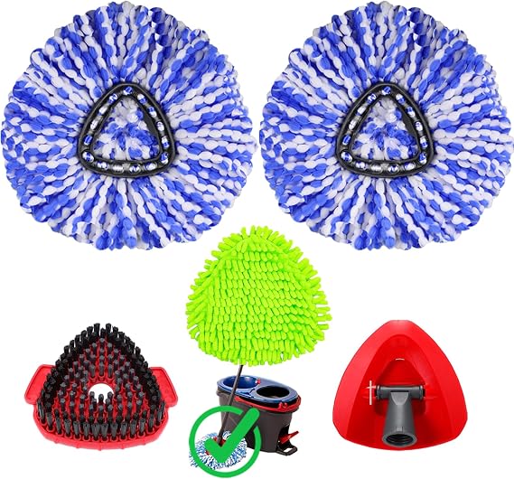Spin Mop Replacement Head for O Cedar RinseClean 2 Tank System, 2 Microfiber Mop Head Refills, 1 Chenille Mop Pads,1 Upgrade Scrub Brush, 1 Spin Mop Base for Cedar RinseClean Mop