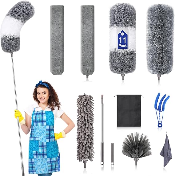 Microfiber Duster Kit(11PCS), Duster with Extension Pole(30 to 100 in), Washable Dusters for Cleaning, Bendable Microfiber Feather Duster, Ceiling Fan Duster is for High Ceiling, Blinds, Furniture