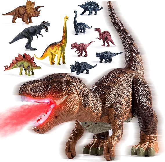 Large Dinosaur Toys T-Rex with 10 Mini Dinosaurs Inside, Water Mist Spray & Red Beam, Roaring Sounds & Effects – Educational Toy Figure for Kids 3 4 5 6 Years Old Boys & Girls Brown