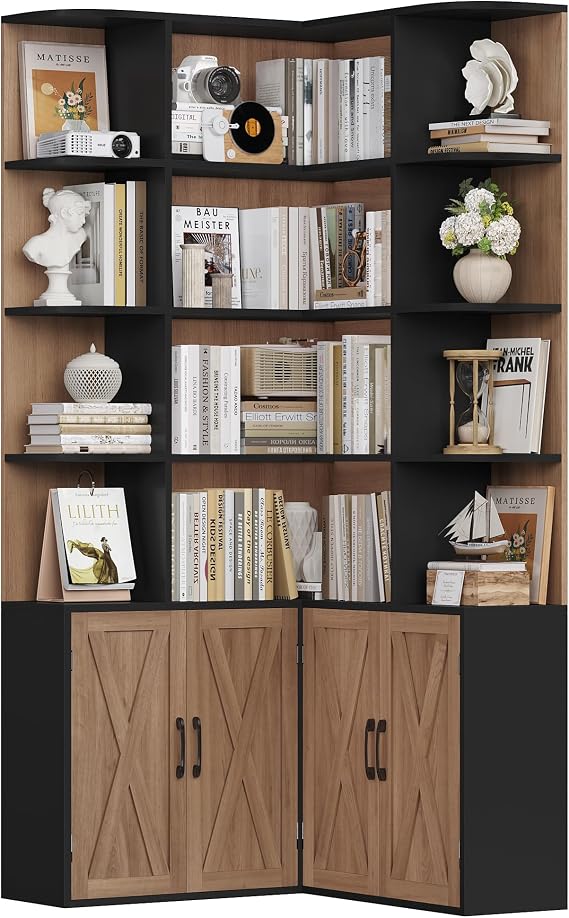 FirFurd Corner Bookcase L Shaped Bookshelf with Doors Display Cabinet Oak | 6-Tier Corner Bookcase Free Standing with 12 Open Compartments, Tall Book Shelf for Living Room Home Office, 187x80x80cm