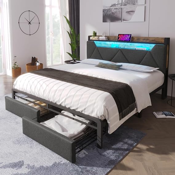 Upholstered Double Bed with LED Lighting, USB Type-C Charging Function, Storage Headboard and Drawers, 4ft6 Double Bed 135 x 190 cm, Storage Bed Frame with Metal Slatted Frame,Linen, Grey, No Mattress