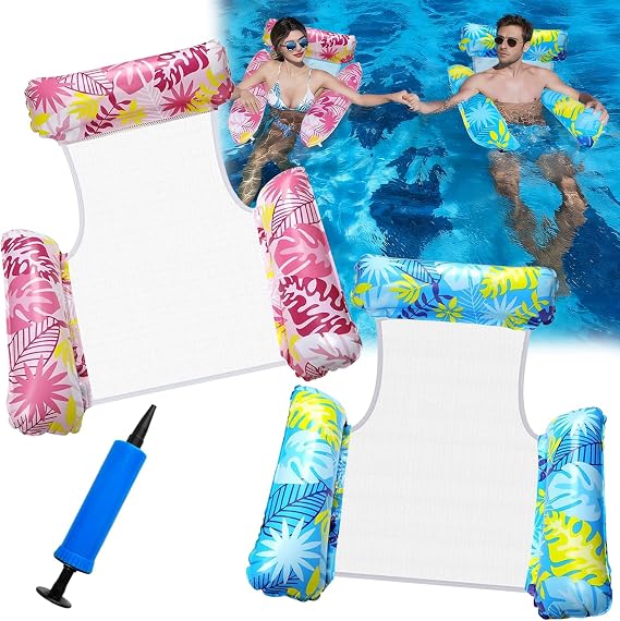 2 Pack Pool Inflatables,Pool Inflatables Water Hammock 4 IN 1 Swimming lilo Pool Floats Inflatable Pool Chair for Adults Cool Mesh Relaxing Lounger Chair Seat with 1 Manual Air Pump