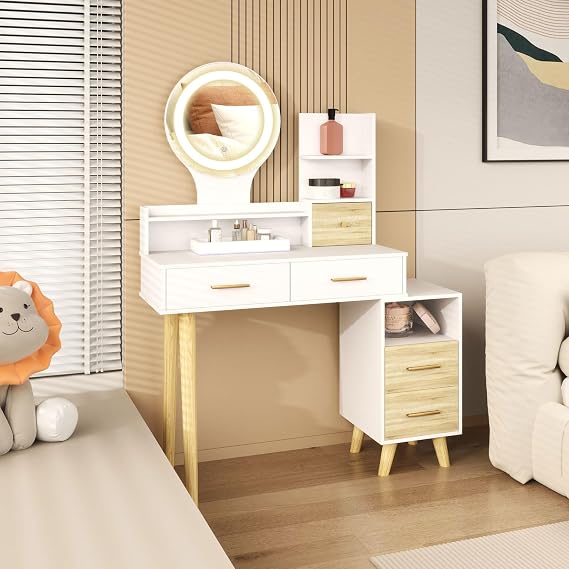 HOMCOM Makeup Vanity with Mirror and LED Lights 5 Drawers White