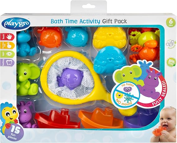 Playgro Splash & Explore Bath Time Activity Toys Gift Pack - 15-Piece Toddler Bath Toys for Sensory Development & Bathtime Fun- Mould-Free Kids Chew Safe Toys for Learning- Bath Toys for 6+ Month Kids