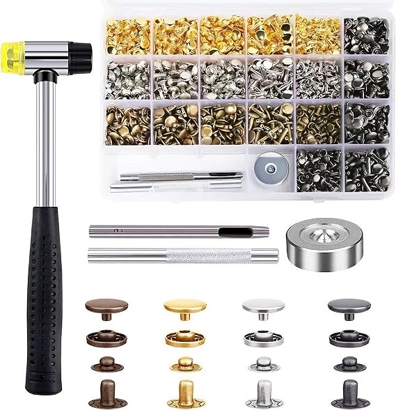 600 Set Leather Rivets, 3 Sizes Multicolor Double Cap Rivets, Rivet Kit with Hollow Punch Fixing Tool, Punch Tool and Rubber Harmmer for Clothes, Shoes, Jackets (Gold/Silver/Bronze/Black)