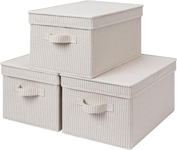 StorageWorks Large Decorative Storage Boxes with Lids, Khaki Stripe, 3-Pack