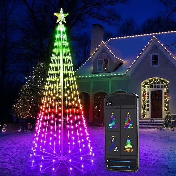 Brizled Smart Lighted Christmas Tree, 6FT 265 LED RGB Christmas Cone Tree App Control, Color Changing Outdoor Christmas Tree Lights Waterproof, Music Sync Prelit Xmas Tree for Indoor Outdoor Decor