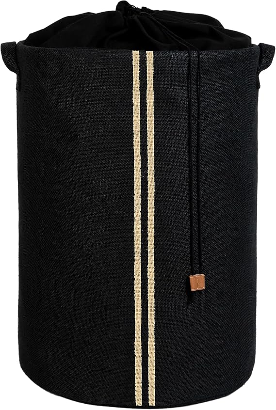 Ocean Home Textile Ağzı Büzgülü Çizgili Siyah Renk Jüt Çamaşır Sepeti 40 x 55 cm