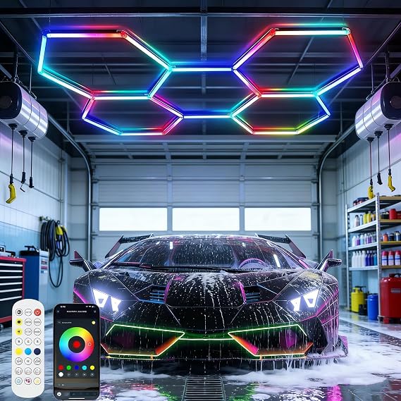 25 Pack RGB Hexagon Garage Light Kit, 5 Hex Panels with Music Sync, Color Changing LED Lighting, App & Remote Control, DIY Honeycomb Design for Garage, Gym, Workshop, Gaming Room