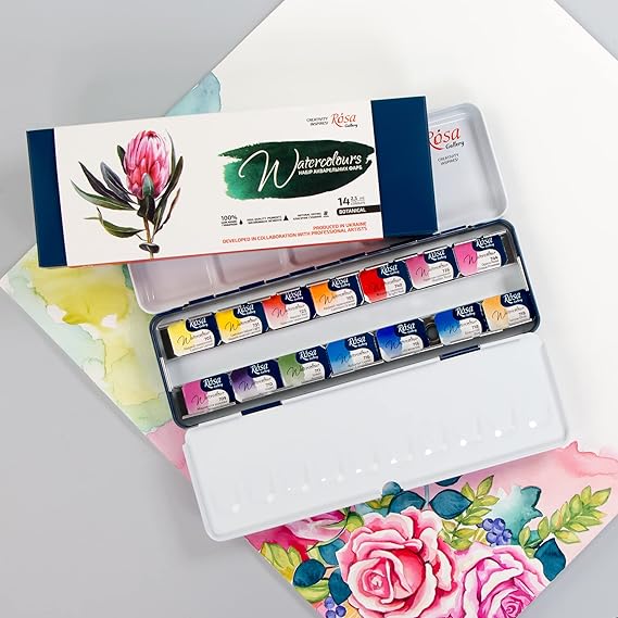 Rosa Gallery Set of Watercolors Botanical Unique Palette, Full Pans 2.5ml, Metal Case, Extra Fine Professional Watercolours (14 Full Pans)