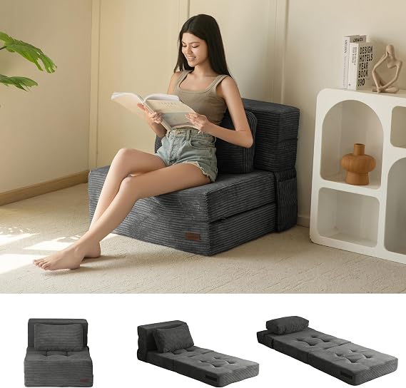 MAXYOYO Folding Foam Sofa Bed, Tri-Fold Mattress with 1 Pillow, Convertible Sofa Chair Futon Z Bed with 15cm Thincken Foam, Portable 3 in 1 Floor Couch
