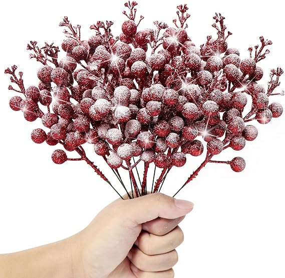 Kunjocy 12 Pc Snowy Christmas Glitter Berries, Frosted Berries Decorations Artificial Picks for Christmas Wreath Garland, Xmas Tree Ornament (Red)