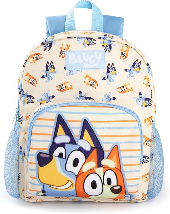 Bluey Kids Backpack | Unisex Rucksack Bingo Character All Over Print in Beige | Childrens Mini Bag with Adjustable Straps and Mesh Water Bottle Pockets | TV Series Character Merchandise