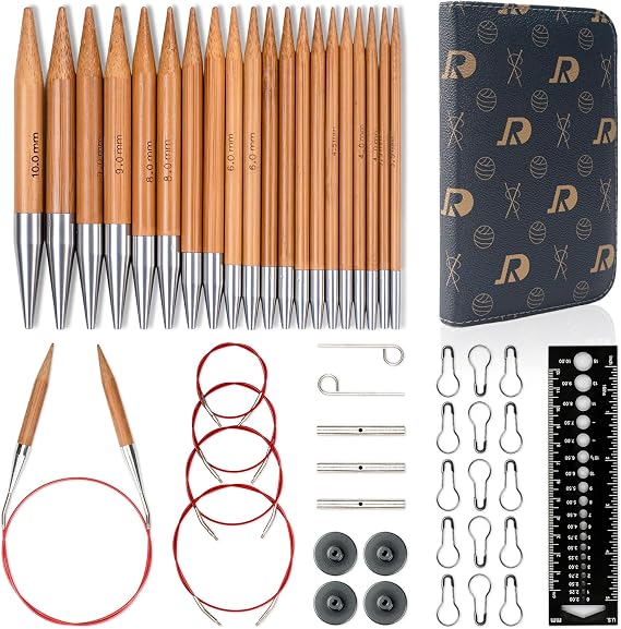 RUIDI Circular Knitting Needles Set, 10 Sizes Bamboo Interchangeable Circular Knitting Needles Set with Case & Accessories, 4" (10cm) | (3.5mm to 10mm) (Bamboo)