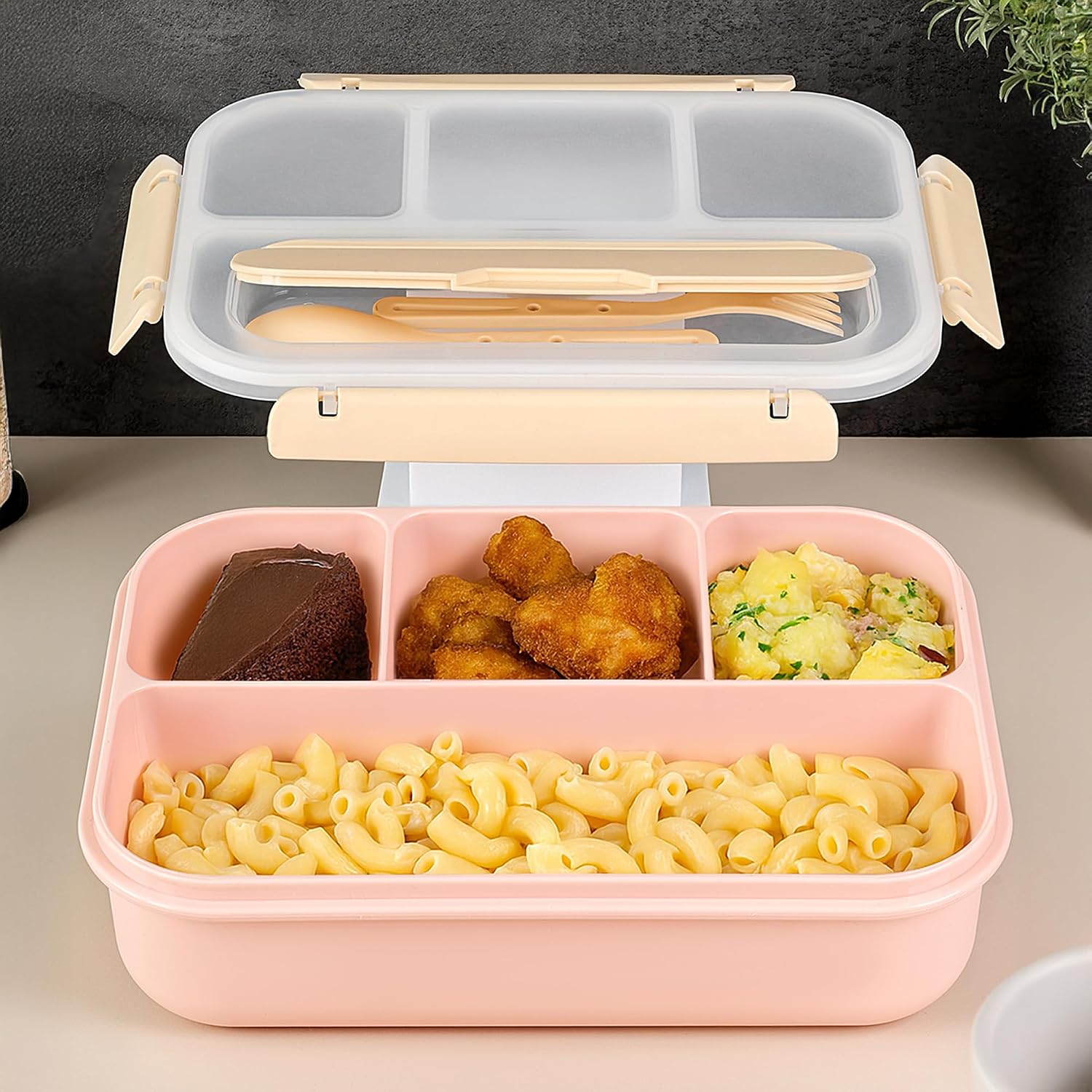 Sızdırmaz Contalı Yemek Kabı - 4 Bölmeli Çatal Kaşıklı Diyet Beslenme Kutusu Lunch Box Pembe