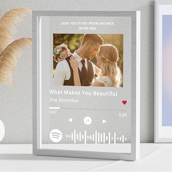 Personalized Spotify Plaque - Custom Acrylic Song with Photo & White Frame - Perfect Music Picture Frame Gifts for Anniversary, Birthday, Couples