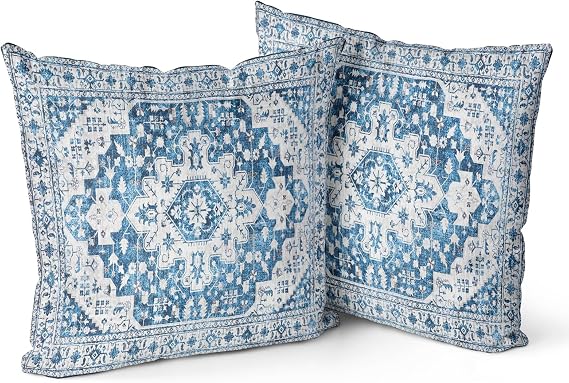 Boho Throw Pillow Covers Set of 2 Blue Antique & Vintage Design Double Sided Pattern Soft Cushion Covers for Garden Couch Sofa Bed Decorative 40x40 CM Pillowcases