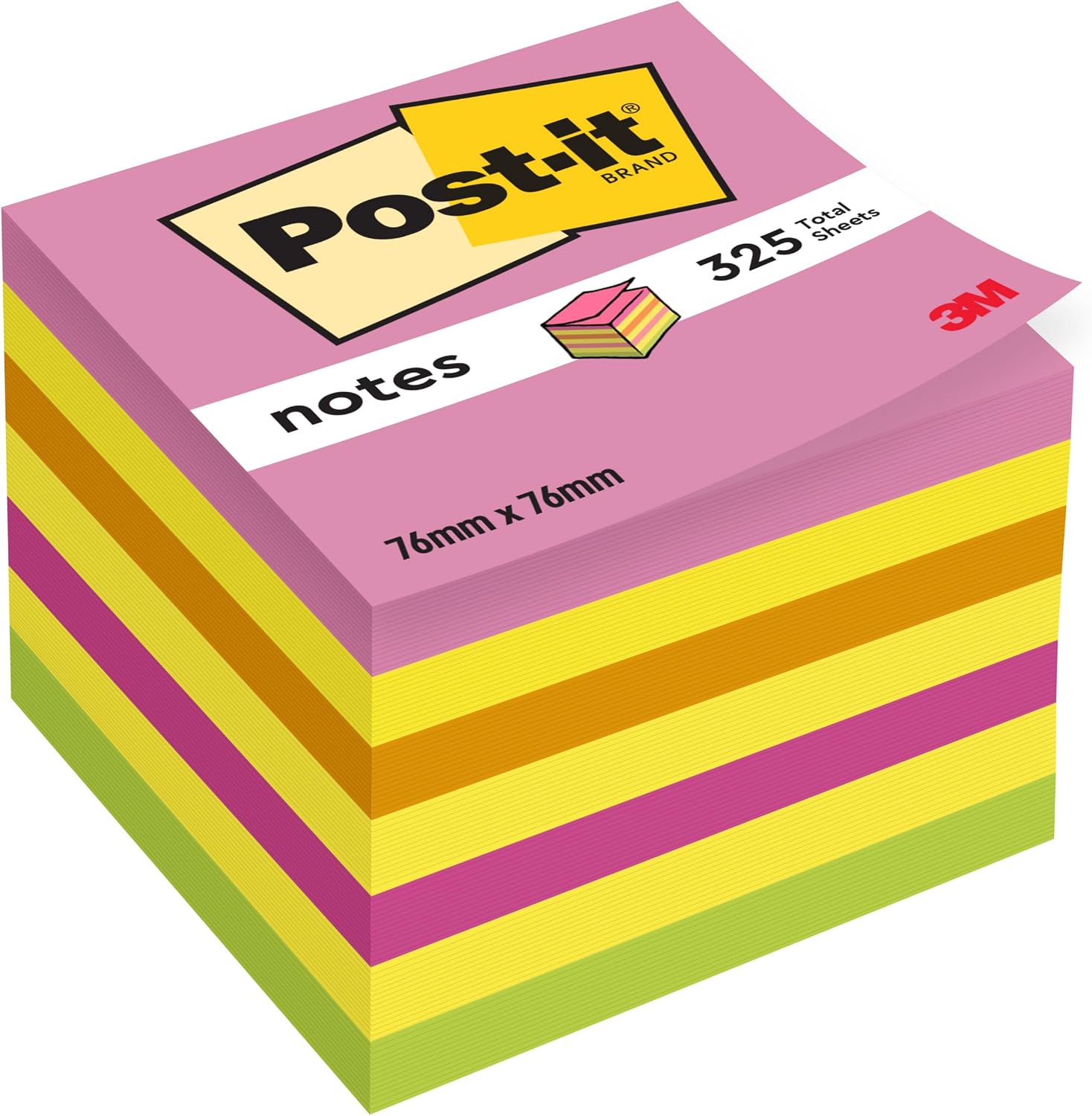 Post-it Sticky Notes Cube Neon Rainbow Collection, Pack of 1 Pad, of 325 Sheets, 76 mm x 76 mm, Pink, Yellow, Orange, Green Colors - Self-Stick Notes for Note Taking, to Do Lists & Reminders