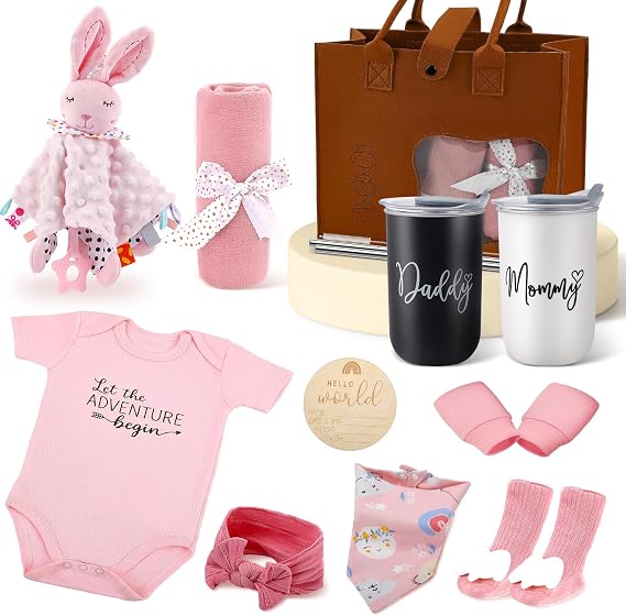 Newborn Gift 13-Piece Baby Girl Gift Set Baby Gift Basket with Romper Blanket Cup Bib Socks and Mittens Birth Gifts for Baby Shower