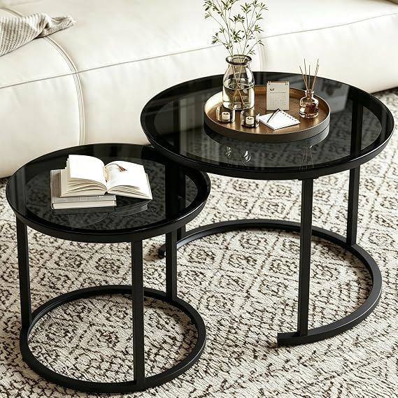 Hawthyhome Round Nesting Glass Coffee Table Set of 2, Side Table for Living Room, Multi-functional Side Table with Metal Frame, /Living Room/Bedroom Black Glass