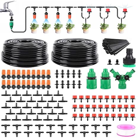 LasTool 30M/98FT Drip Irrigation Kit,Automatic Garden Watering System with 1/4" Tubing,Adjustable Mist Sprayer Nozzles & Drip Emitters for Raised Bed,Patio,Lawn,Greenhouse-Easy DIY Installation