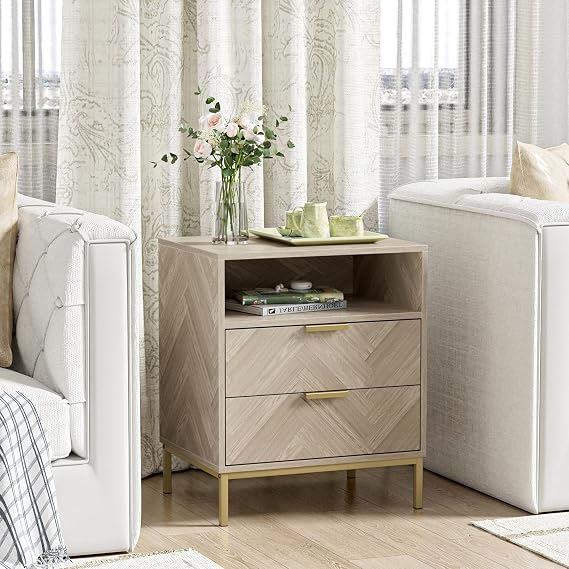 Modern Bedside Tabls with Drawers Wood Bed Side Table for Bedroom Living Room Office Herringbone Small Chest of Drawers with Open Compartment, Metal Legs, 50.2 x 40 x 60.2 cm