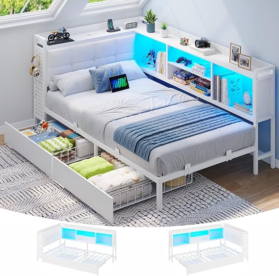 Brinlawb 3ft Single Bed Frame with Upholstered Headboard, Charging Station (2 AC Sockets, 2 USB Ports) and LED Lights, Single Bed with Storage, 2 Drawers, Reversible Left/Right Hand Assembly, White