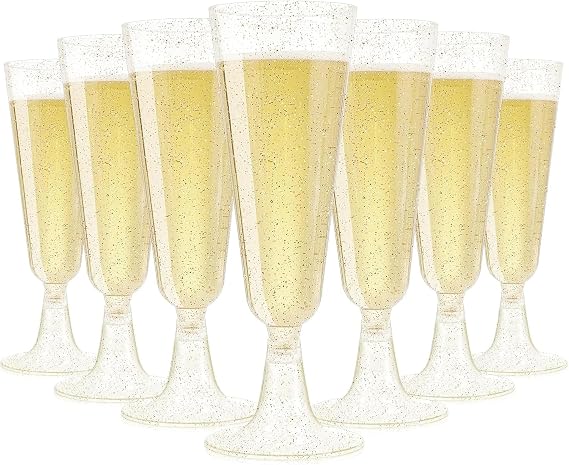 Woobroo Plastic Champagne Flutes, 50 Pack 5Oz/150ml Gold Glitter Plastic Champagne Glasses Cocktail Glasses Prosecco Glasses for Party,Birthday,Wedding,Chrismas,Thanksgiving