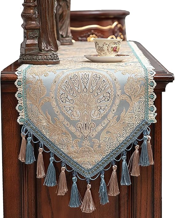 Table Runner with Tassels ，European Style Thicken Reusable Table Decor, for Wedding Holiday Dinner Christmas Placemat (Color : Blue, Size : 35cm x 200cm)