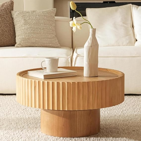 Round Coffee Table with Ribbed Design Wooden Coffee Table in Mushroom Shape with Dimensions Diameter 70 x 38 cm Pine Wood Living Room Table for Living Room