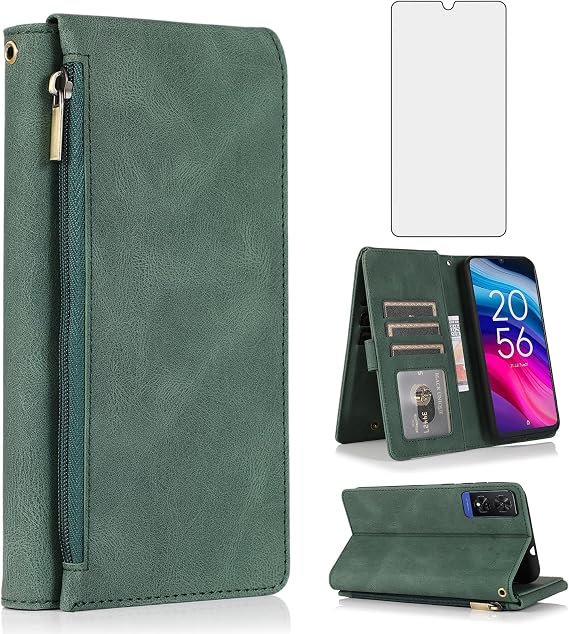 Asuwish Compatible with TCL 505 / T509K / T5094 Wallet Case Tempered Glass Screen Protector Zipper Wrist Strap Retro Leather Flip Cover Card Holder Stand Cell Accessories for TCL505 Women Men Green