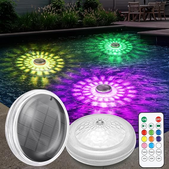 Qoolife Solar Float Lights for Swimming Pool, 2 Pieces - IPX7 Waterproof Underwater Lights with Remote Control, 12 Colour Modes, Timer, Great for