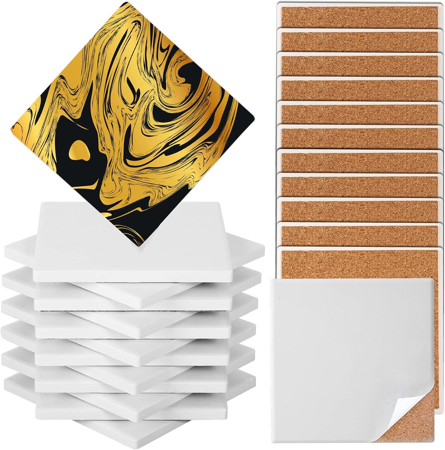 Ceramic Tile for Crafts Coasters, GOH DODD 12 Pack 4 Inch Blank Coasters Unglazed Ceramic White Tiles with 12 Pack Cork Backing Pads for Painting, Alcohol Ink, Acrylic Pouring, DIY, Mosaics, Square