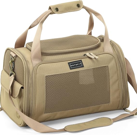Petsfit Small Dog Carriers, Foldable Airplane Dog Carrier with Adjustable Shoulder Strap, Dog Travel Bag, with Mats, S/Khaki