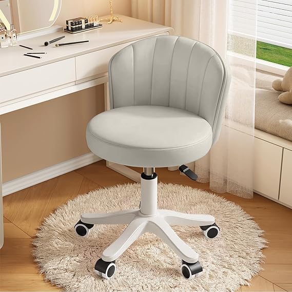 Small Round Rolling Desk Chair Armless Comfy Vanity Computer Chair with Low Backrest PU Leather Height Adjustable Swivel Work Spa Chair