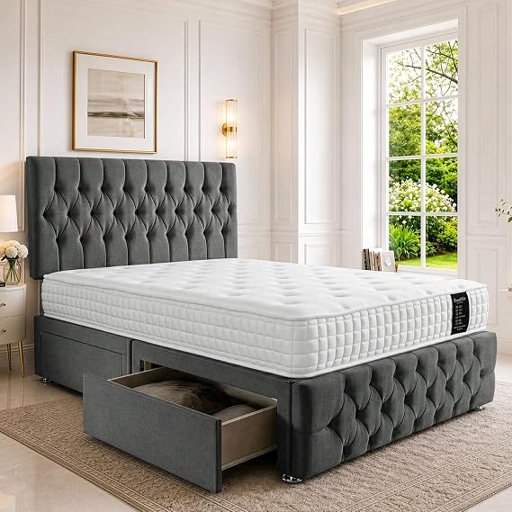 SANA SLEEP Sleek Double Bed 4FT6 with Headboard & Footboard - Dmask Grey Plush Finish - Includes Pocket Sprung Multi-Zone Mattress & 2 Drawers - Sturdy Divan Design for Compact Bedrooms