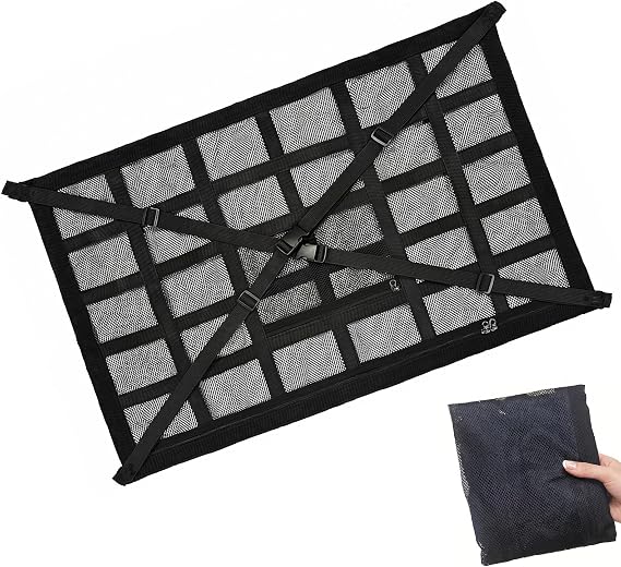 Cargo Nets for Campervans, 90cm x 65 cm Car Ceiling Storage Net with Zipper Adjustable Double-Layer Mesh Pocket Roof Cargo Pocket Organiser for Camping Jeeps Trucks Most Car Models