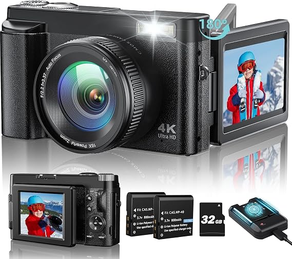4K Digital Camera 48MP Compact Camera Photo Camera Auto Focus with 180° Flip Screen