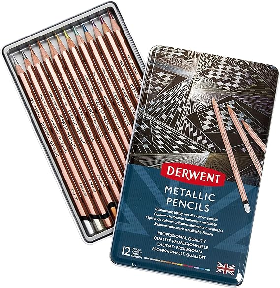 Derwent Metallic Colouring Pencils, Drawing & Writing, Set of 12, Professional Quality, 2305599