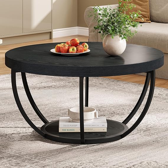 Tribesigns Round Coffee Table, 31.7" Black 2-Tier Circle Coffee Table with Storage Shelves, Modern Accent Cocktail Table Center Table for Living Room
