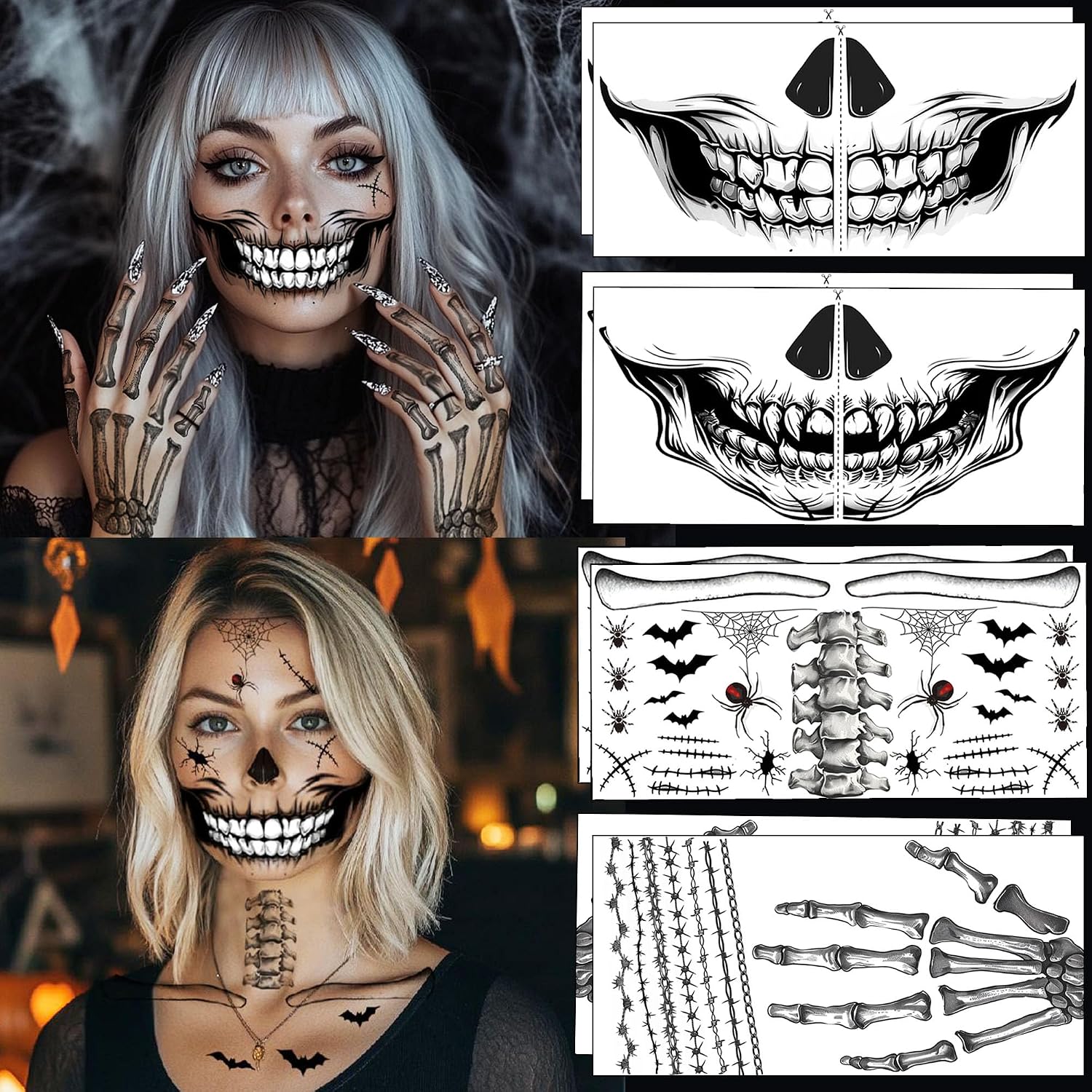 Halloween Face Tattoo,8 Sheets Halloween Mouth Face Tattoos Stikcers Skeleton Mouth Tattoos Temporary Halloween Make Up for Adults Black&White