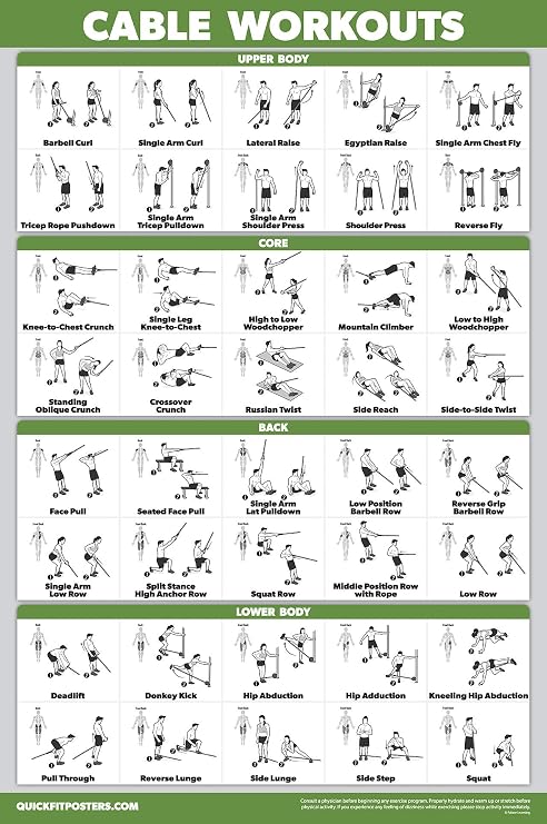 QuickFit Workout-Poster Cable Machine eine Übungstabelle für Kabel-Trainingsstation laminiert Fitnessraum 18in x 27in