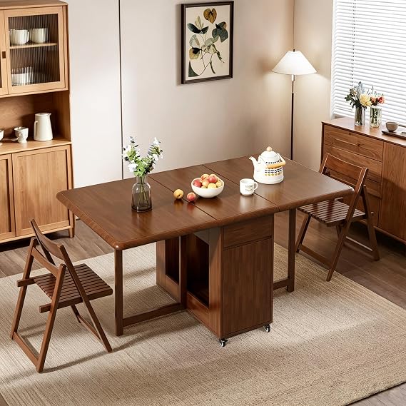 Folding Dining Table Set with Drop Leaf Table and 6 Chairs, Walnut Wood, Space-Saving Design (130CM Table)