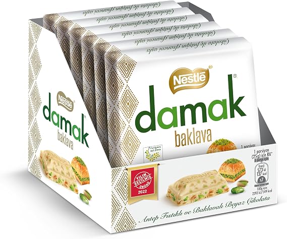 Nestlé Damak Antep Fıstıklı ve Baklavalı Beyaz Kare Çikolata, 60 g x 6 Adet