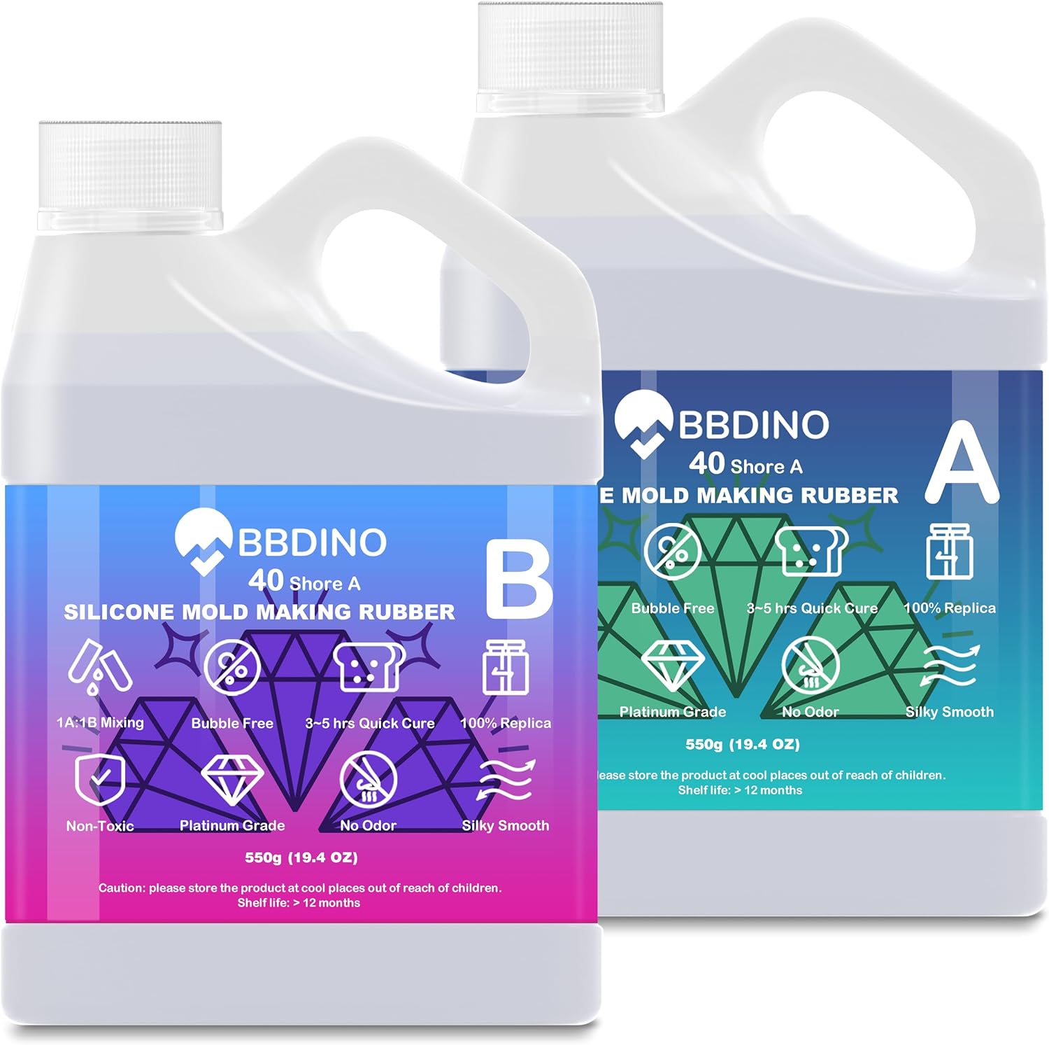 BBDINO Silicone Mold Making Kit 40A High Hardness Liquid Platinum Silicone for Molds Crafting and Silicone Casting Strong Strength Transparent 2.2 Lbs