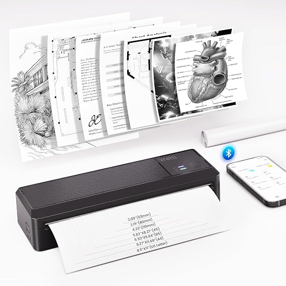 vretti Portable Thermal Printer A4,Inkless Bluetooth Printer for Travel