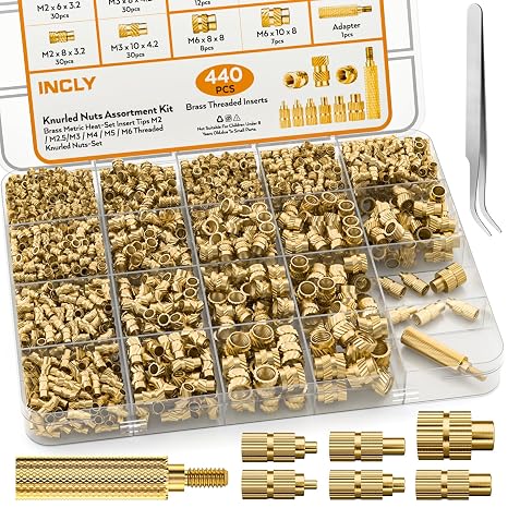 INCLY 440Pcs Brass Heat-Set Threaded Inserts Kit, Metric Knurled Nuts